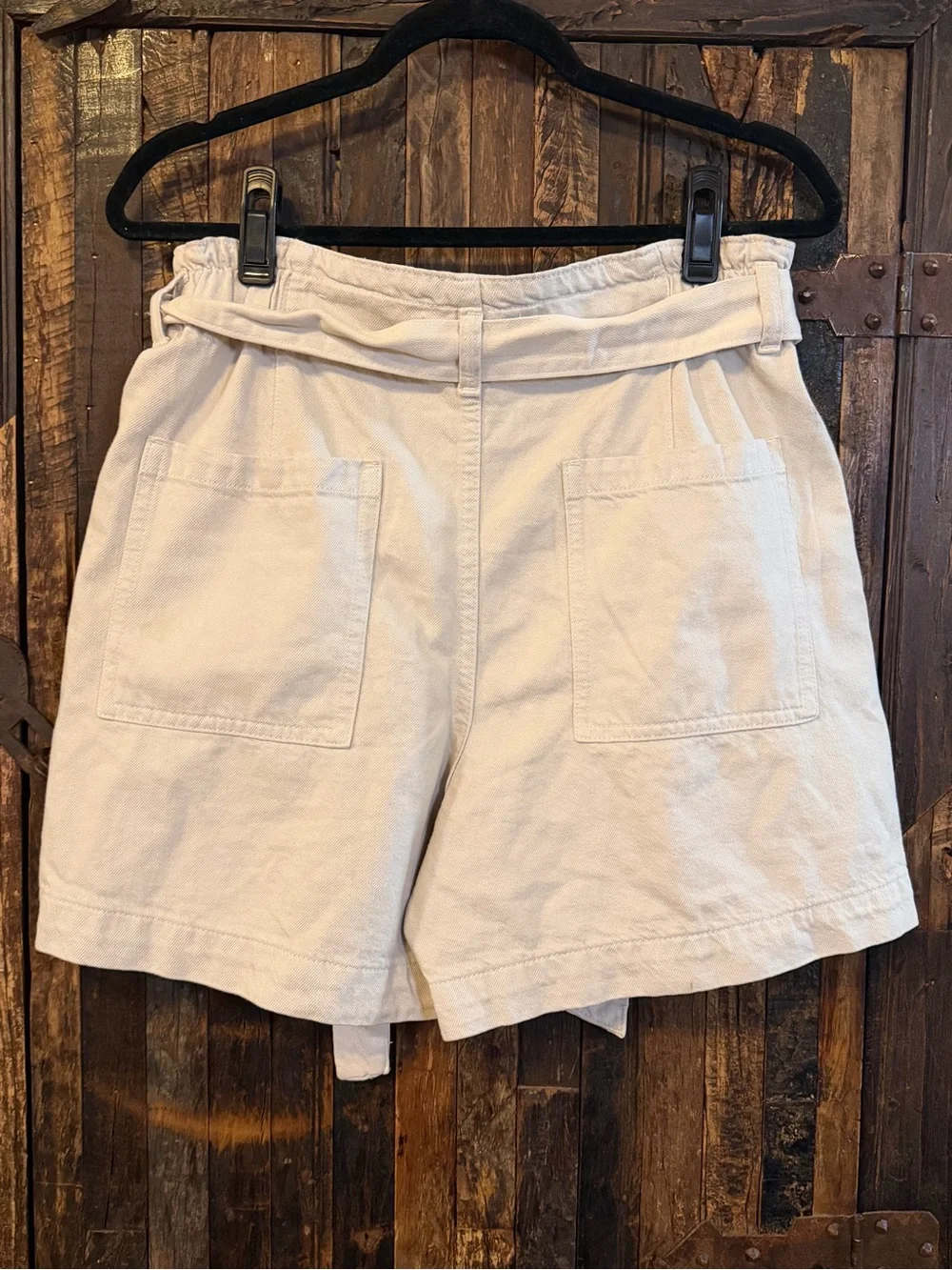 MNG Denim Paperbag Shorts XL Ecru Cream High Rise Belted Cotton utility hi rise